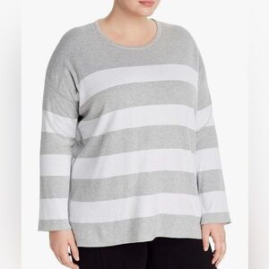 Eileen Fisher Grey and White Striped Organic Cotton Crewneck Sweater XL
